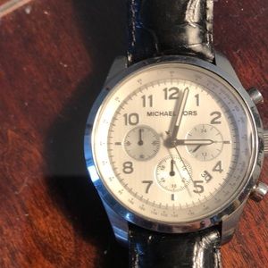 Michael Kors silver face/black leather band watch
